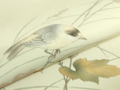 平和屋着物●極上　塩瀬　九寸開き名古屋帯　手描き　枝花に小鳥　象牙色地　逸品　DZAB2090kh6
