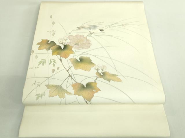 平和屋着物●極上　塩瀬　九寸開き名古屋帯　手描き　枝花に小鳥　象牙色地　逸品　DZAB2090kh6