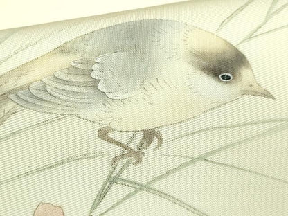 平和屋着物●極上　塩瀬　九寸開き名古屋帯　手描き　枝花に小鳥　象牙色地　逸品　DZAB2090kh6
