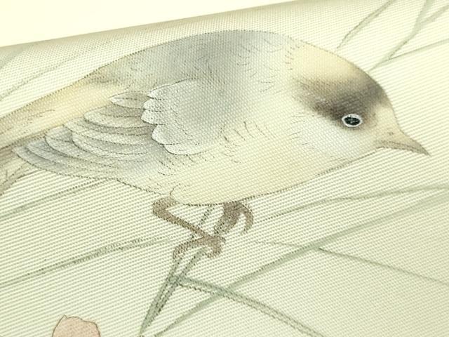 平和屋着物●極上　塩瀬　九寸開き名古屋帯　手描き　枝花に小鳥　象牙色地　逸品　DZAB2090kh6