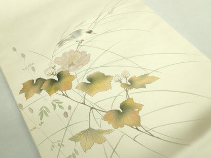 平和屋着物●極上　塩瀬　九寸開き名古屋帯　手描き　枝花に小鳥　象牙色地　逸品　DZAB2090kh6