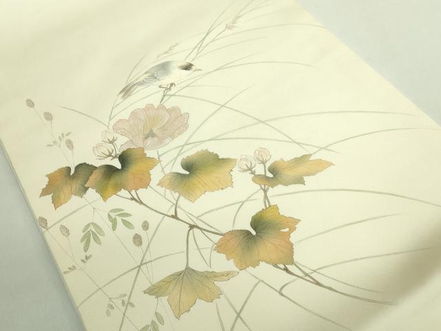平和屋着物●極上　塩瀬　九寸開き名古屋帯　手描き　枝花に小鳥　象牙色地　逸品　DZAB2090kh6