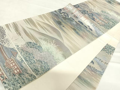 平和屋着物◎六通柄袋帯 名勝百景 宇治平等院 銀糸 正絹 逸品 AABD3625yx