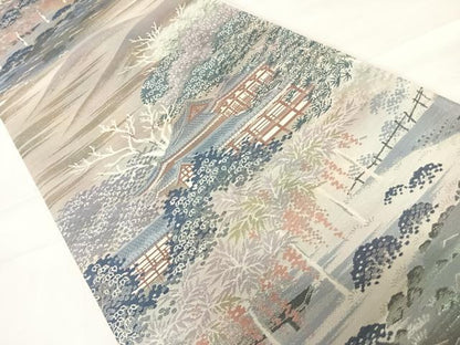 平和屋着物◎六通柄袋帯 名勝百景 宇治平等院 銀糸 正絹 逸品 AABD3625yx