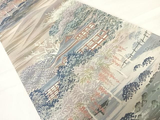 平和屋着物◎六通柄袋帯 名勝百景 宇治平等院 銀糸 正絹 逸品 AABD3625yx