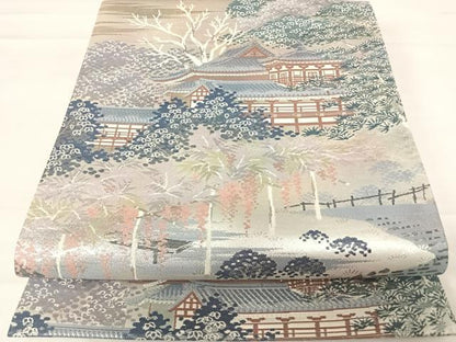 平和屋着物◎六通柄袋帯 名勝百景 宇治平等院 銀糸 正絹 逸品 AABD3625yx