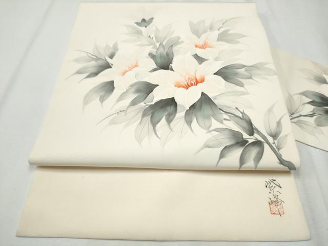 平和屋着物●塩瀬 九寸名古屋帯 作家物 手描き 枝花文 正絹 逸品 CABA4852hy