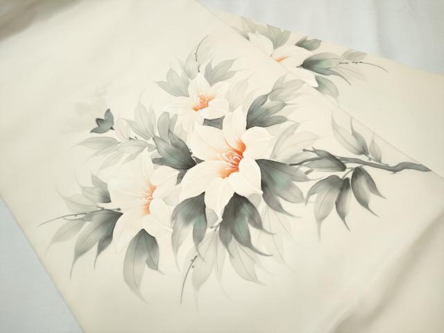 平和屋着物●塩瀬 九寸名古屋帯 作家物 手描き 枝花文 正絹 逸品 CABA4852hy