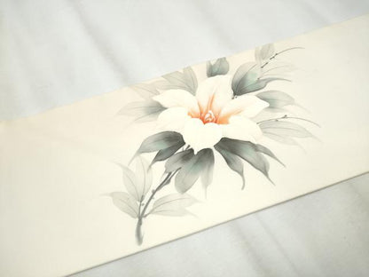 平和屋着物●塩瀬 九寸名古屋帯 作家物 手描き 枝花文 正絹 逸品 CABA4852hy