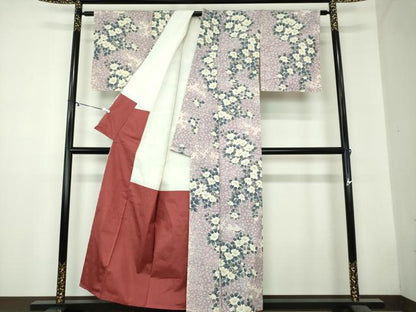 平和屋着物●上質な小紋 紬地 草花文 正絹 逸品 DAAZ0659ps