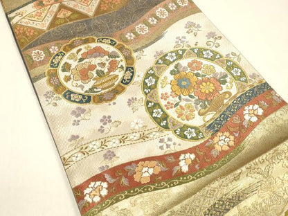 平和屋着物●六通柄袋帯　唐織　花寿秀彩文　金糸　引箔　正絹　逸品　DAAZ4306cm