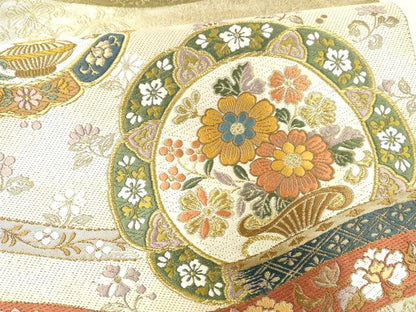 平和屋着物●六通柄袋帯　唐織　花寿秀彩文　金糸　引箔　正絹　逸品　DAAZ4306cm