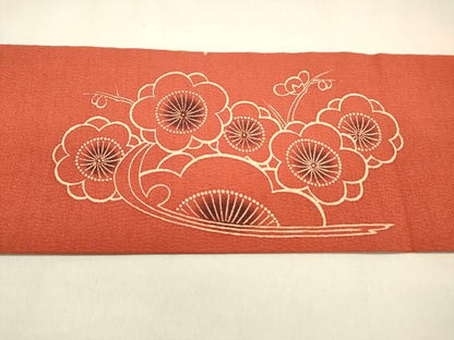 平和屋着物●九寸名古屋帯 型染 枝花文 鬼しぼ縮緬 正絹 逸品 DAAZ4424cm