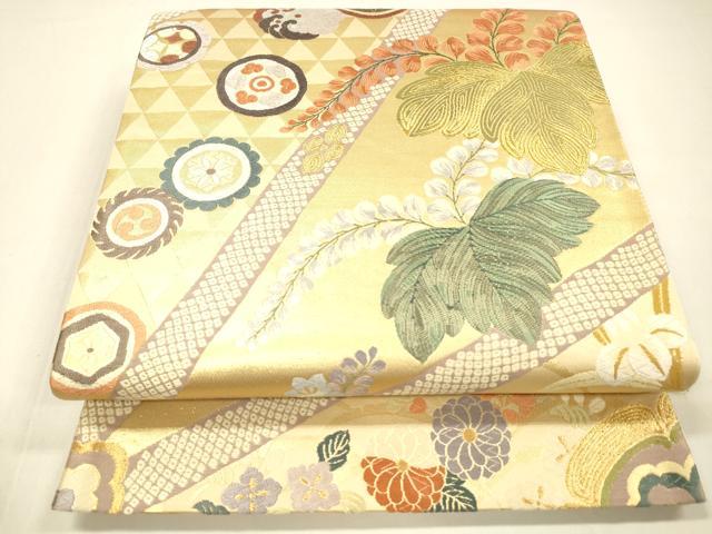 平和屋着物●六通柄袋帯 唐織 吉祥麻葉文 金糸 正絹 逸品 DAAZ4336cm