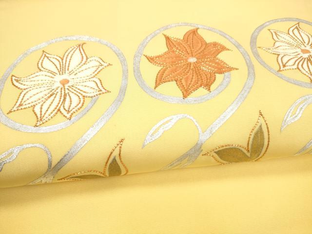 平和屋着物○塩瀬 九寸名古屋帯 駒刺繍 枝花文 金銀彩