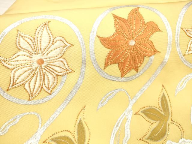平和屋着物○塩瀬 九寸名古屋帯 駒刺繍 枝花文 金銀彩