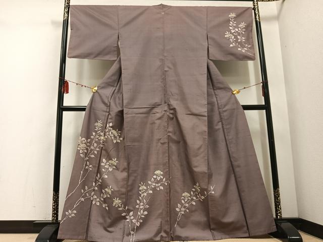 平和屋着物●訪問着 紬地 手描き ろうけつ染め 枝花文 正絹 逸品 AABD7046ph