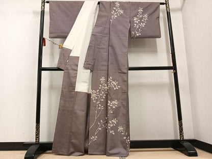 平和屋着物●訪問着 紬地 手描き ろうけつ染め 枝花文 正絹 逸品 AABD7046ph