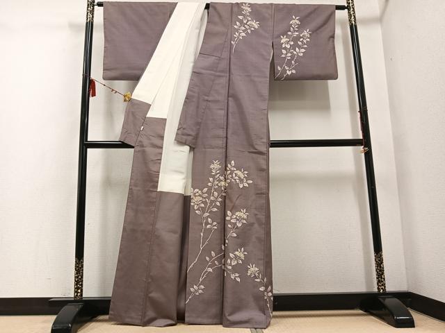 平和屋着物●訪問着 紬地 手描き ろうけつ染め 枝花文 正絹 逸品 AABD7046ph