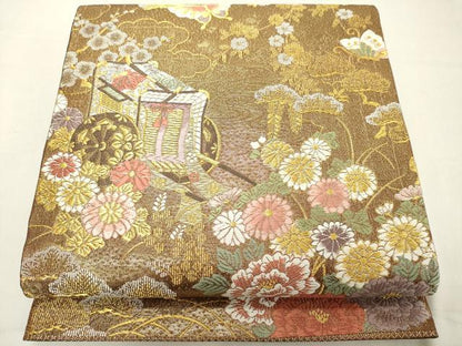 平和屋着物◎六通柄袋帯　唐織　綴綾錦　御所車花蝶文　金糸　正絹　逸品　DAAZ8136cd