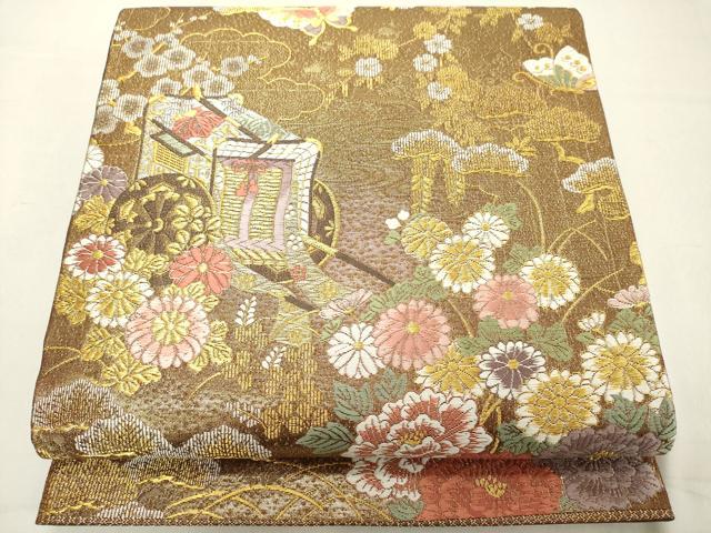 平和屋着物◎六通柄袋帯　唐織　綴綾錦　御所車花蝶文　金糸　正絹　逸品　DAAZ8136cd