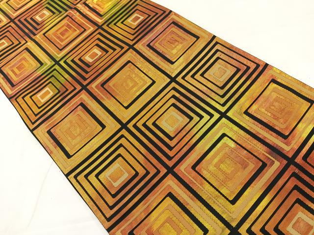 平和屋着物◎六通柄袋帯　瑞穂錦　手織　幾何学文様　黒地　正絹　逸品　AABC8988uk