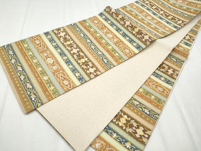 平和屋着物●爪掻き本綴れ 全通柄袋帯 横段花文 金糸 正絹 逸品 CABA5106hy