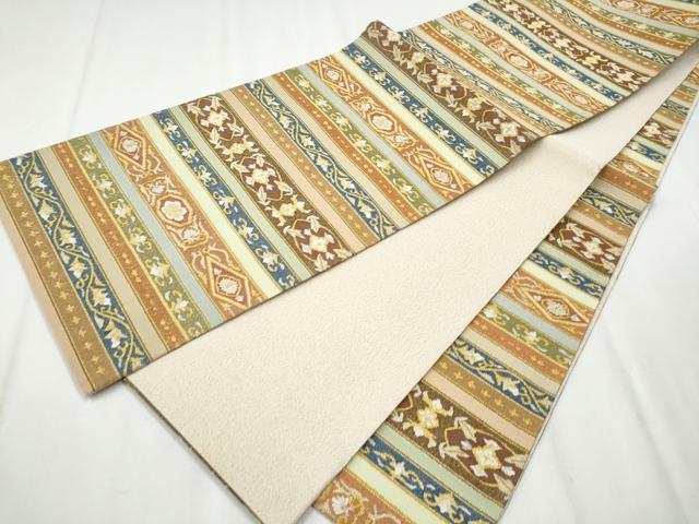 平和屋着物●爪掻き本綴れ 全通柄袋帯 横段花文 金糸 正絹 逸品 CABA5106hy
