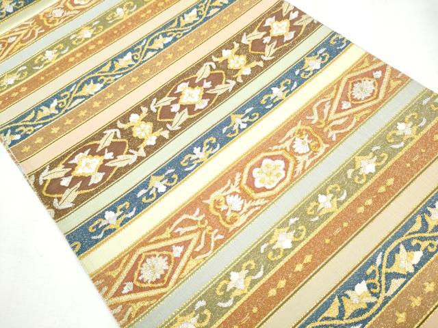 平和屋着物●爪掻き本綴れ 全通柄袋帯 横段花文 金糸 正絹 逸品 CABA5106hy