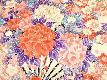 平和屋着物[]七五三　女の子　７歳　祝着　四つ身　袋帯セット　駒刺繍　熨斗扇面牡丹花文　暈し染め　金彩　逸品　DAAY3272ma