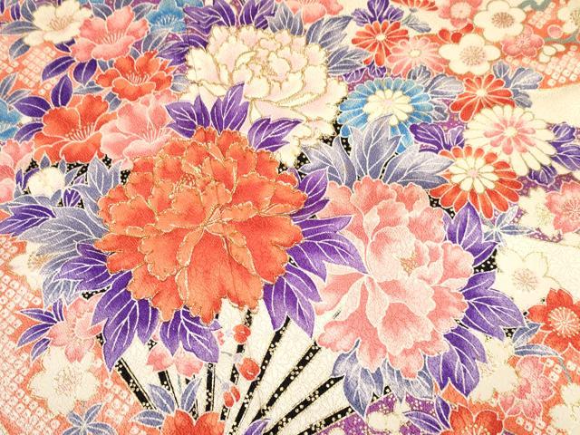 平和屋着物[]七五三　女の子　７歳　祝着　四つ身　袋帯セット　駒刺繍　熨斗扇面牡丹花文　暈し染め　金彩　逸品　DAAY3272ma