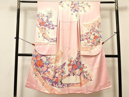 平和屋着物[]七五三　女の子　７歳　祝着　四つ身　袋帯セット　駒刺繍　熨斗扇面牡丹花文　暈し染め　金彩　逸品　DAAY3272ma