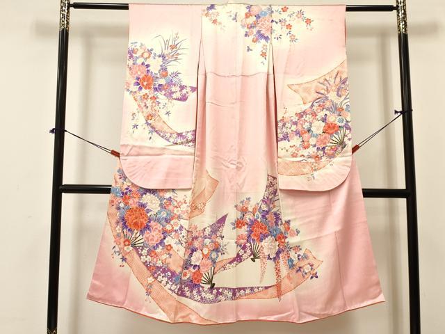 平和屋着物[]七五三　女の子　７歳　祝着　四つ身　袋帯セット　駒刺繍　熨斗扇面牡丹花文　暈し染め　金彩　逸品　DAAY3272ma