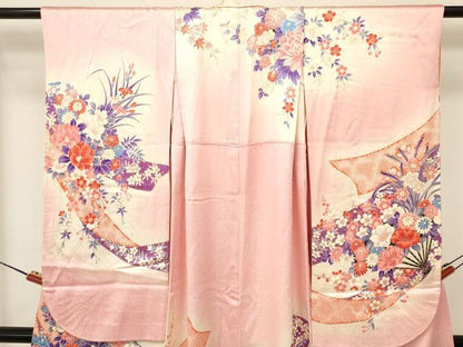 平和屋着物[]七五三　女の子　７歳　祝着　四つ身　袋帯セット　駒刺繍　熨斗扇面牡丹花文　暈し染め　金彩　逸品　DAAY3272ma