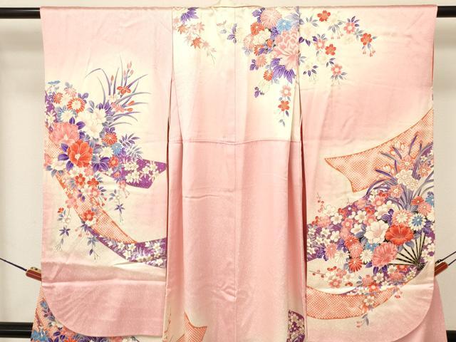 平和屋着物[]七五三　女の子　７歳　祝着　四つ身　袋帯セット　駒刺繍　熨斗扇面牡丹花文　暈し染め　金彩　逸品　DAAY3272ma