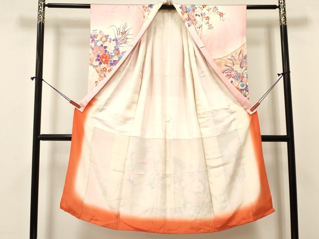 平和屋着物[]七五三　女の子　７歳　祝着　四つ身　袋帯セット　駒刺繍　熨斗扇面牡丹花文　暈し染め　金彩　逸品　DAAY3272ma