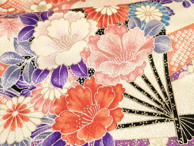 平和屋着物[]七五三　女の子　７歳　祝着　四つ身　袋帯セット　駒刺繍　熨斗扇面牡丹花文　暈し染め　金彩　逸品　DAAY3272ma