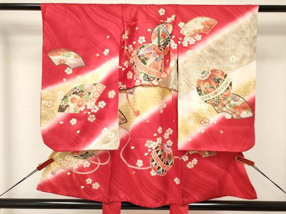 平和屋着物[]七五三　女の子　３歳　祝着　三つ身　鞠花文　暈し染め　金彩　逸品　DAAY3284ma