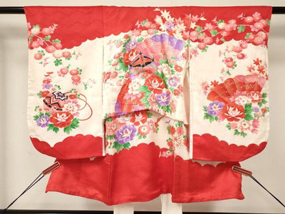 平和屋着物[]七五三　女の子　３歳　祝着　三つ身　襦袢付き　檜扇糸車花文　金彩　逸品　DAAY3281ma