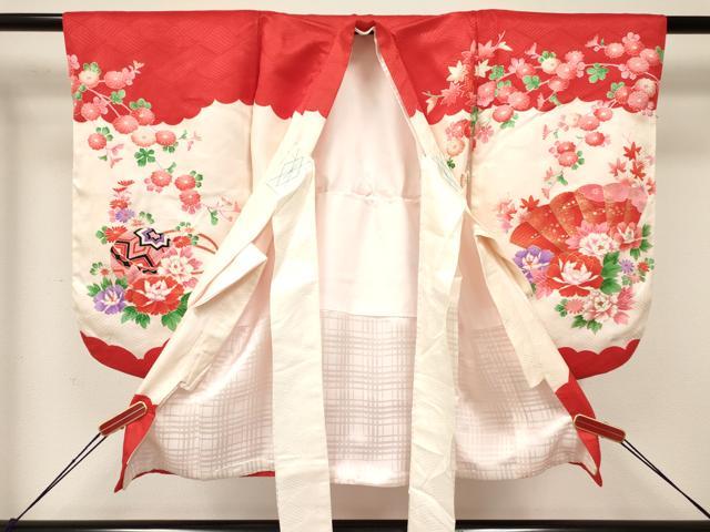 平和屋着物[]七五三　女の子　３歳　祝着　三つ身　襦袢付き　檜扇糸車花文　金彩　逸品　DAAY3281ma
