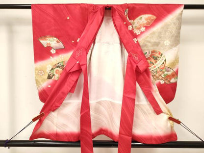 平和屋着物[]七五三　女の子　３歳　祝着　三つ身　鞠花文　暈し染め　金彩　逸品　DAAY3284ma