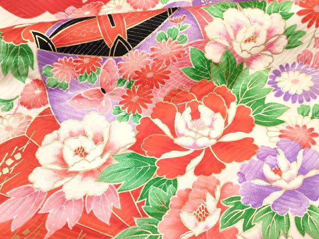 平和屋着物[]七五三　女の子　３歳　祝着　三つ身　襦袢付き　檜扇糸車花文　金彩　逸品　DAAY3281ma