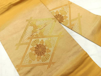 平和屋着物◎九寸名古屋帯　花鳥菱文　正絹　逸品　AABC9010uk