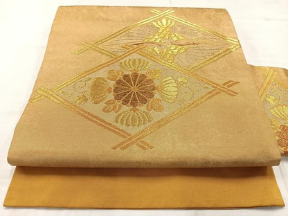 平和屋着物◎九寸名古屋帯　花鳥菱文　正絹　逸品　AABC9010uk
