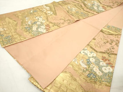 平和屋着物◎六通柄袋帯 紹巴 花鳥流水屏風紋 金糸 正絹 逸品 DAAZ8155cd