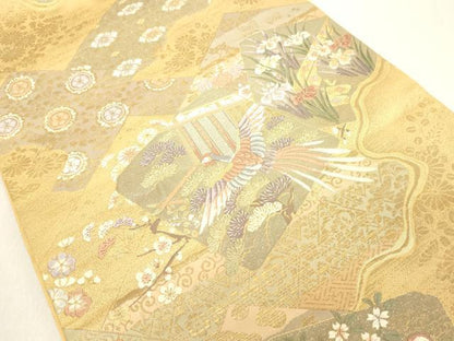 平和屋着物◎六通柄袋帯 色紙鳳凰花文 金銀糸 正絹 逸品 DAAZ8245cd