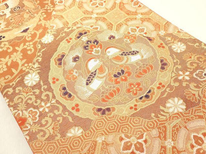 平和屋着物◎佐賀錦 全通柄袋帯 道長双鳥花文 金糸 正絹 逸品 DAAZ8229cd