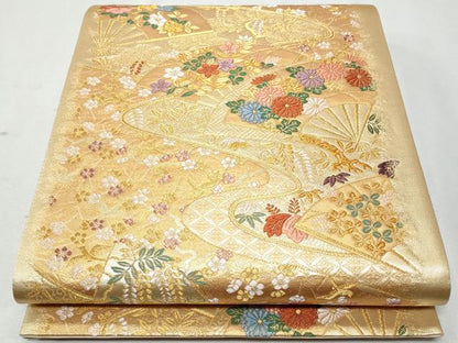 平和屋着物◎六通柄袋帯　唐織　扇面花文　金糸　正絹　逸品　CABA7680fb