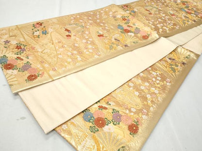 平和屋着物◎六通柄袋帯　唐織　扇面花文　金糸　正絹　逸品　CABA7680fb