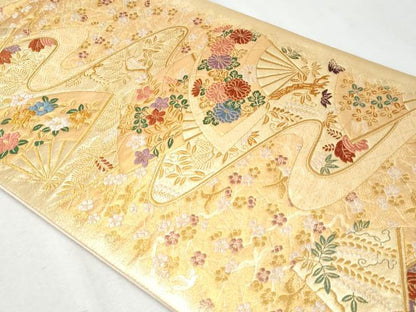 平和屋着物◎六通柄袋帯　唐織　扇面花文　金糸　正絹　逸品　CABA7680fb